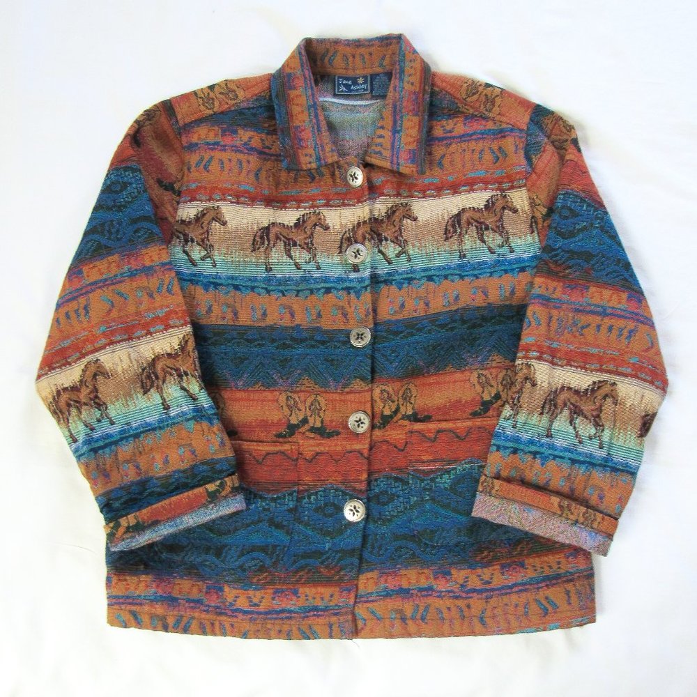 SOLFD🖤VINTAGE Western Tapestry Textile Jacket Woven Lightweight Cotton Button - Picture 1 of 9